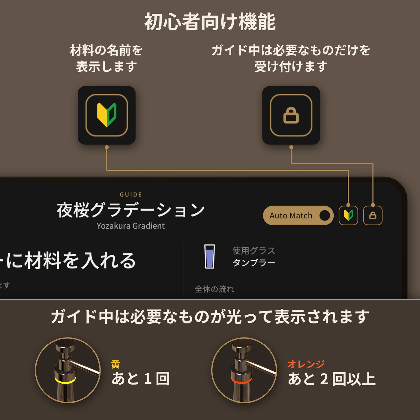 初心者向け機能（若葉・鍵・ランプ）の説明