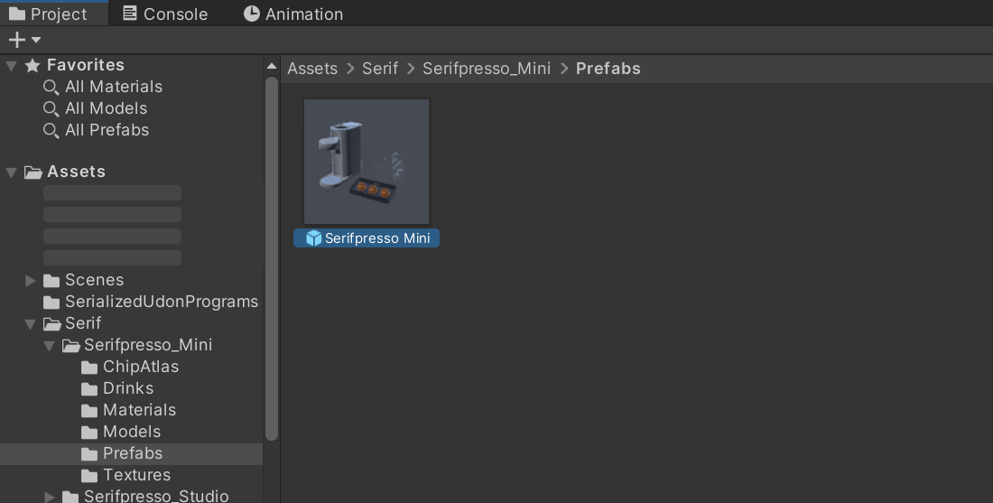 ProjectウィンドウのSerifpresso_Mini/Prefabsフォルダ